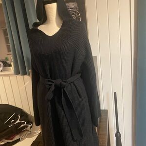 Black Hooded Knit Dress with Belt